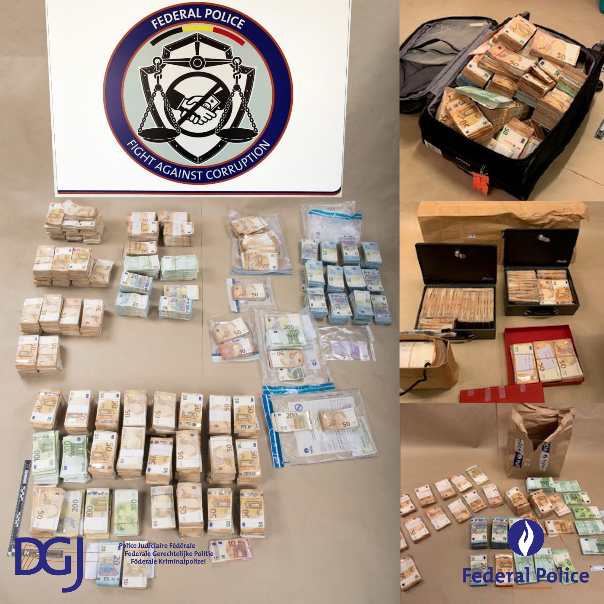 Photos of the cache of money recovered by Belgian police