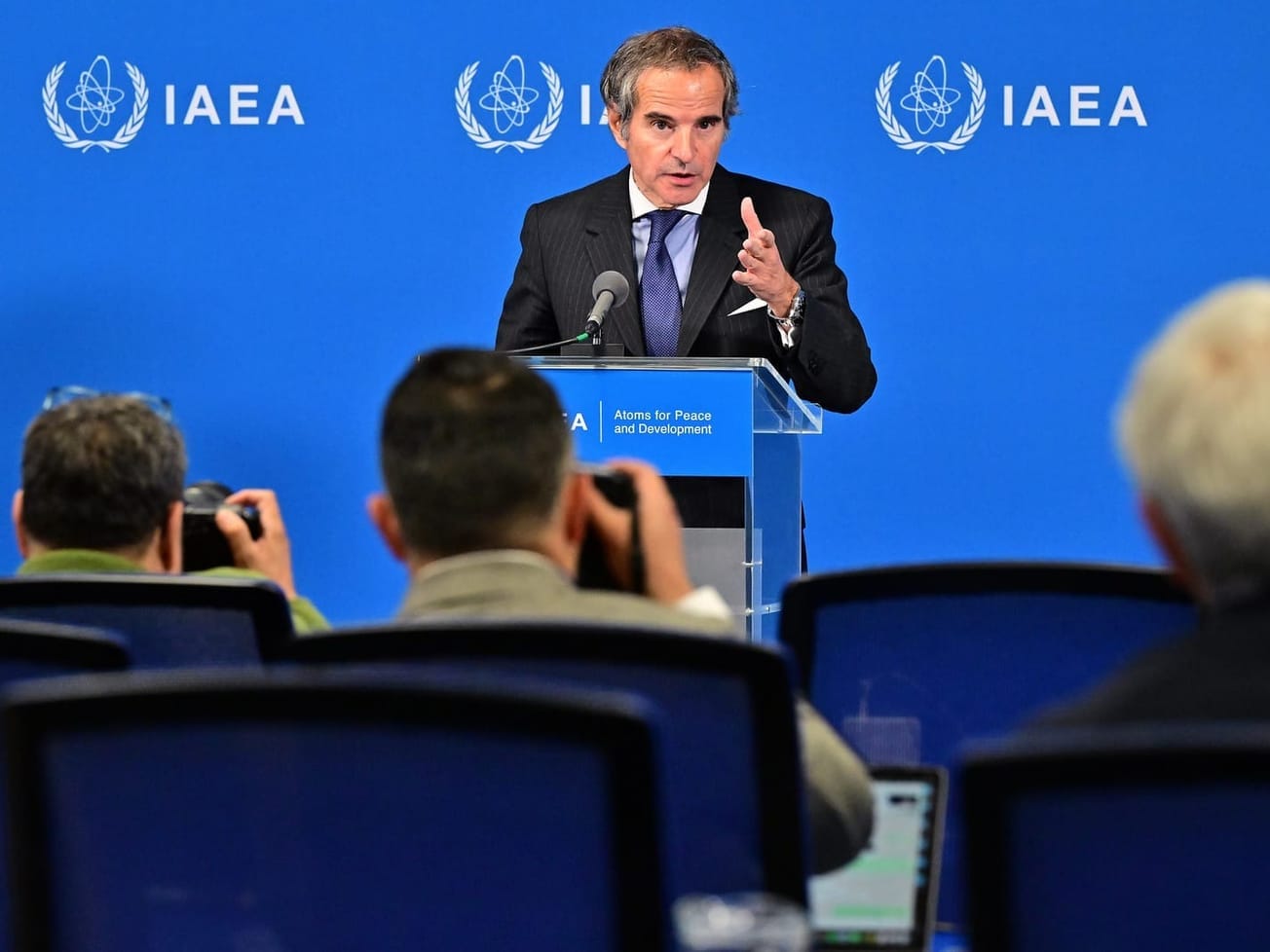 IAEA chief Rafael Mariano Grossi briefs reporters in Vienna.