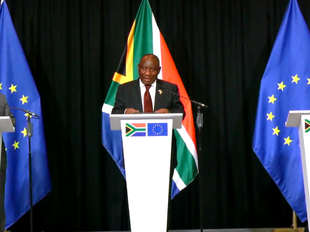 South Africa's President Cyril Ramaphosa addresses reporters flanked by European Council President António Costa and European Commission President Ursula von der Leyen on the margins of the G20 leaders summit in Johannesburg.