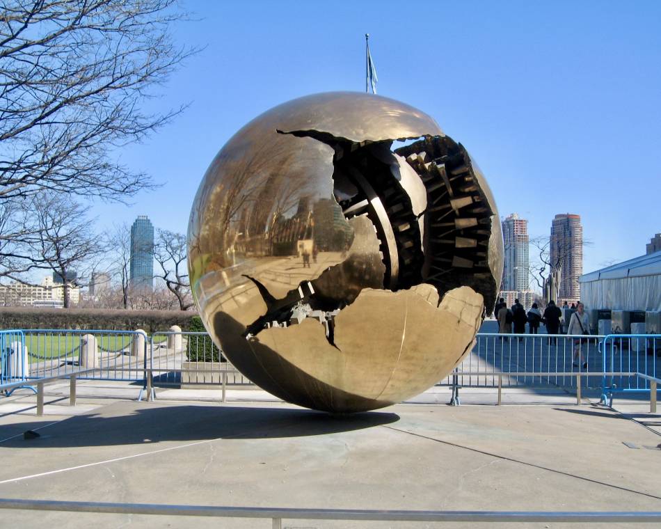 The Sphere Within Sphere bronze sculpture, symbolizing the emergence of a new world from the old