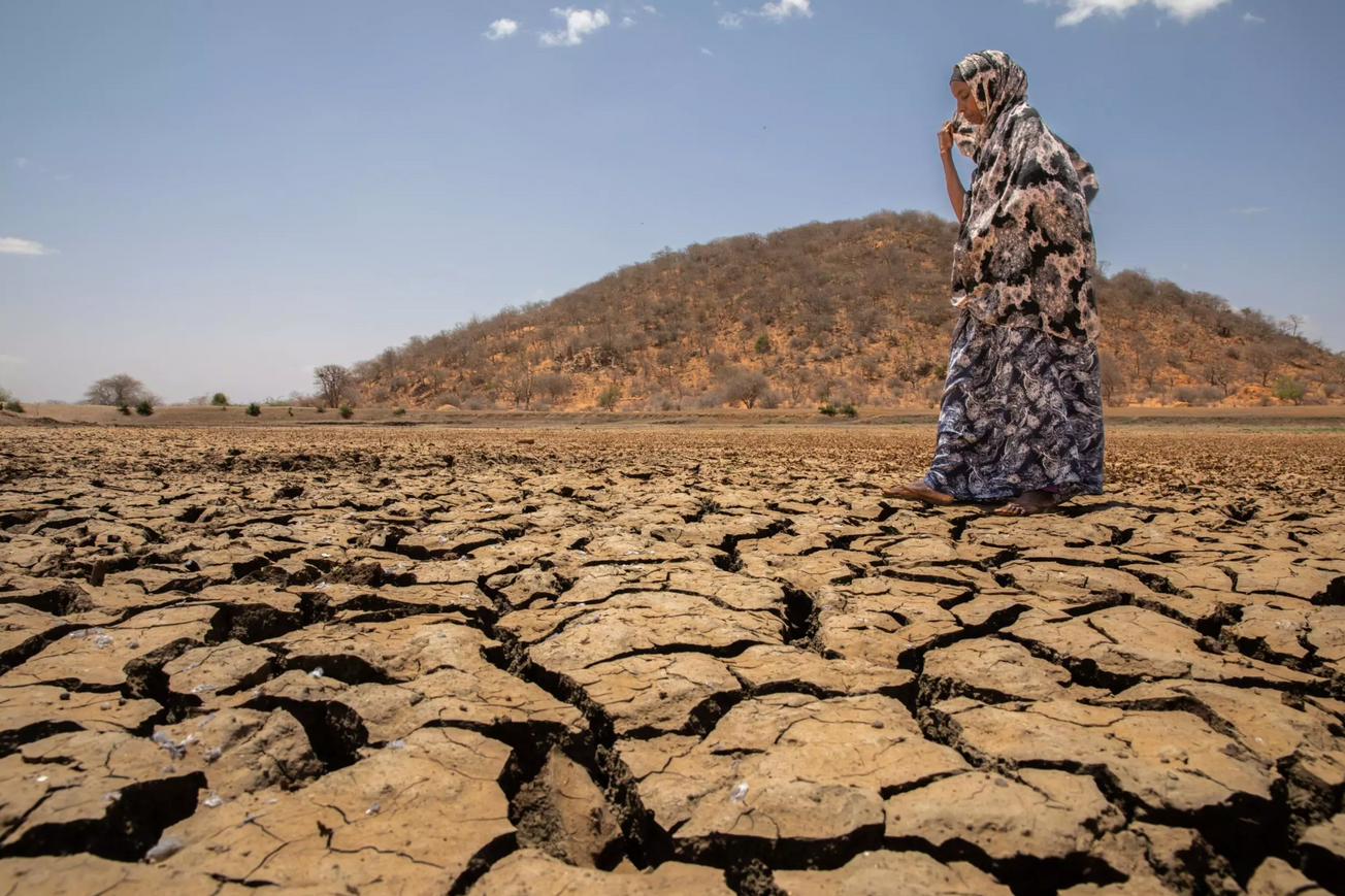 Kheira Osman Yusuf, a farmer in northern Kenya, walks across a dried-up reservoir next to her land