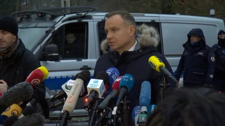 Poland's President Andrzej-Sebastian-Duda takes questions while visiting the village of Przewodów