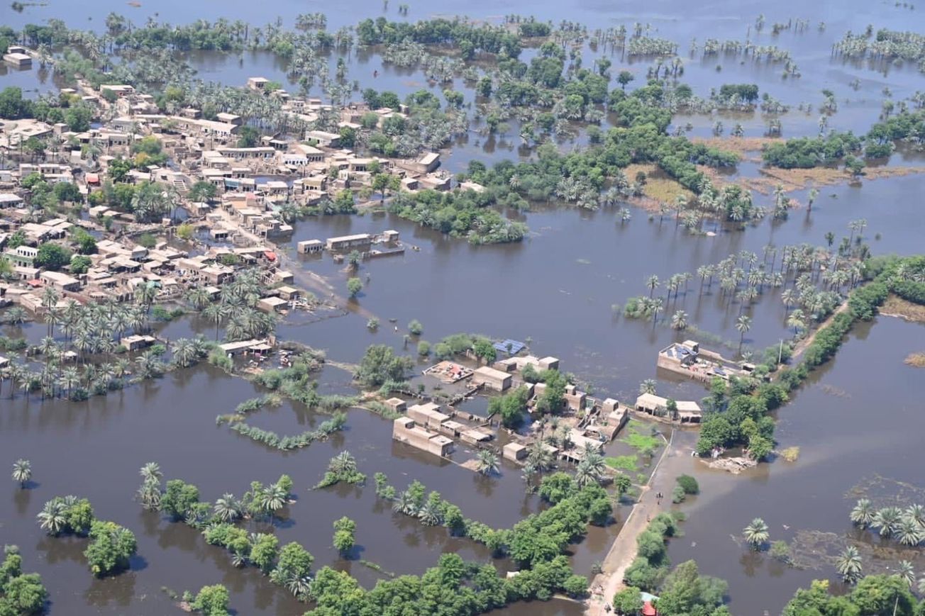 A city in Pakistan's Sindh province of Pakistan almost completely underwater in August 2022.
