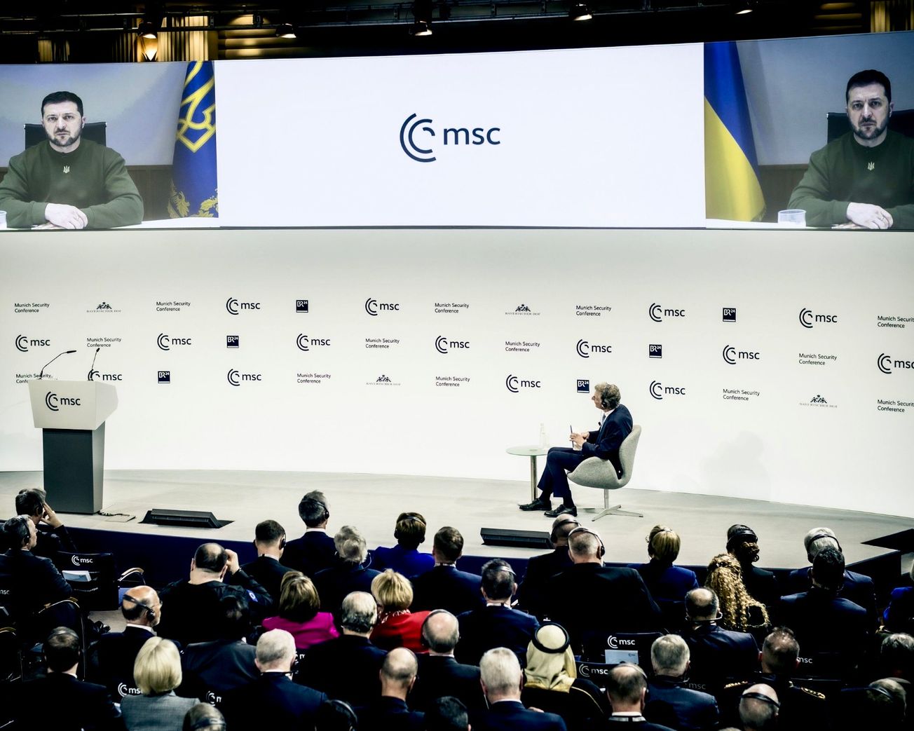 Ukrainian President Volodymyr Zelenskyy speaks in a livestream to the Munich Security Conference 2023