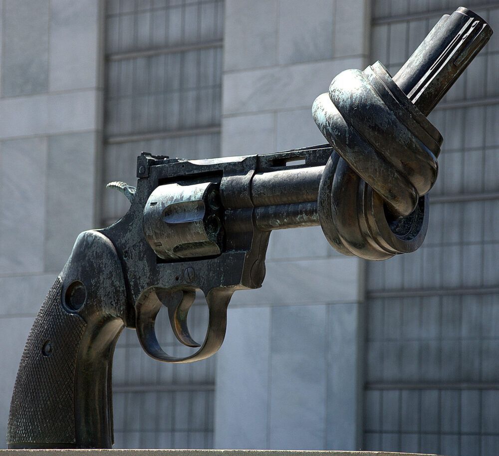Nonviolence sculpture, also known as "the knotted gun," at U.N. headquarters in New York