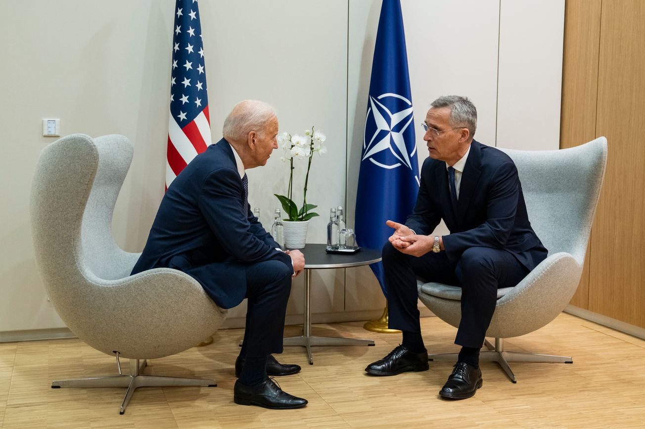 NATO Secretary General Jens Stoltenberg, right, meets with U.S. President Joe Biden at Brussels in March 2022.