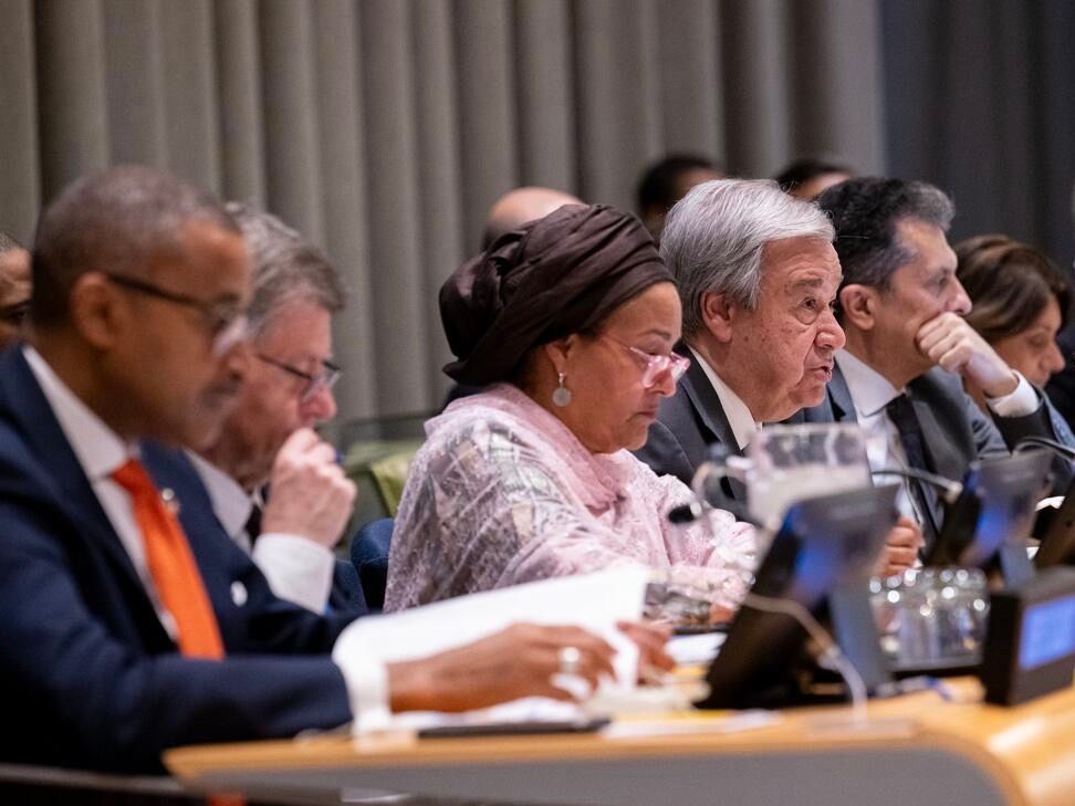 U.N. Secretary-General António Guterres looks up as he presents his 'New Agenda for Peace.'