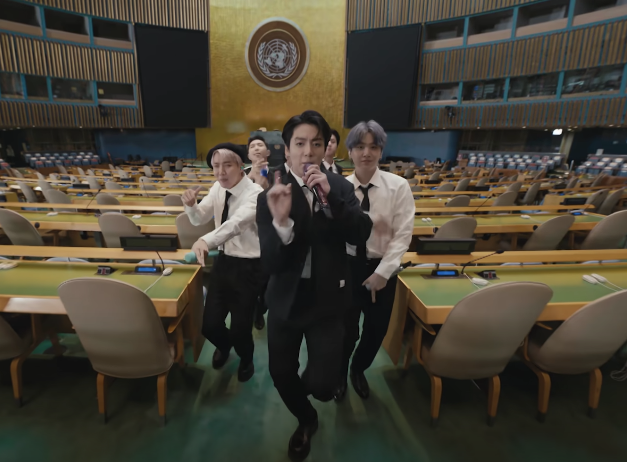 A screenshot of BTS performing in the U.N.'s most popular video on YouTube