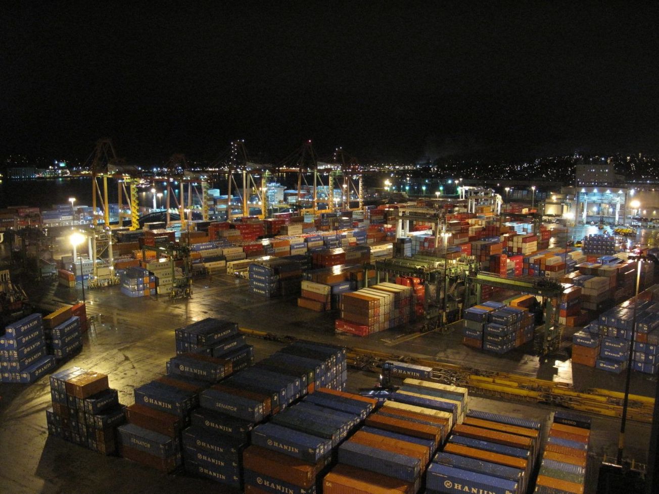 Shipping containers at the Port of Vancouver by night