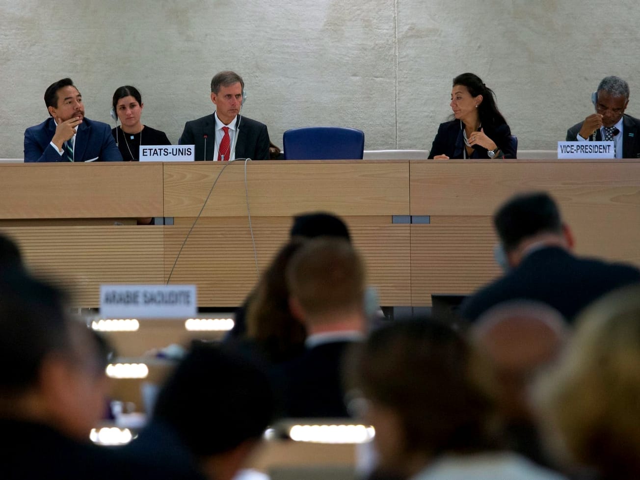 U.S. officials take part in the U.N. Human Rights Council's adoption of a final report on the United States' human rights record in Sept. 2015.