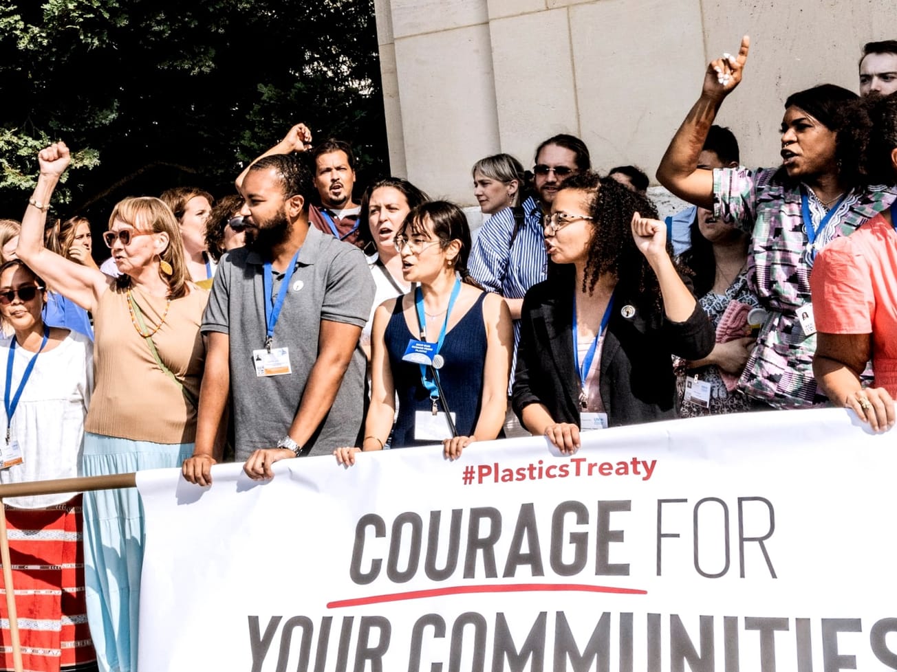 Demonstrators with the Break Free From Plastic global movement demand a strong global plastics treaty in Geneva.