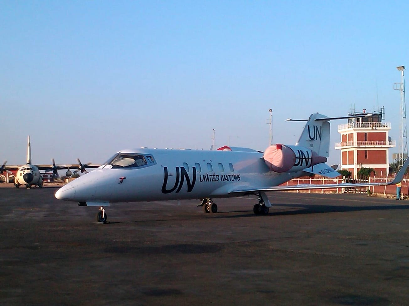 A U.N. Learjet in El Fasher, where a drone strike on a mosque during morning prayers killed dozens of people.