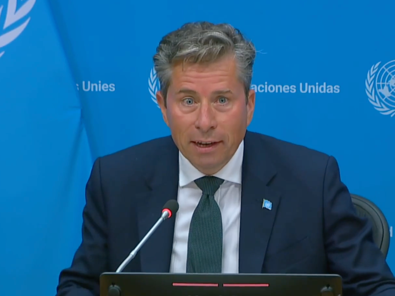 Tom Fletcher, the U.N. undersecretary-general for humanitarian affairs and emergency relief coordinator, speaks to reporters at U.N. headquarters in New York.