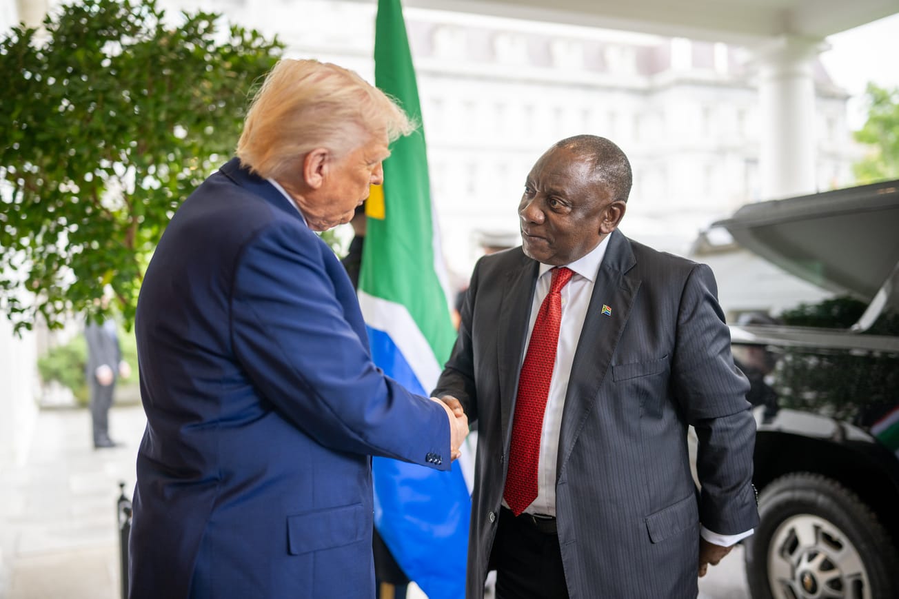 U.S. President Donald Trump greets South Africa's President Cyril Ramaphosa in Washington at the White House in May.