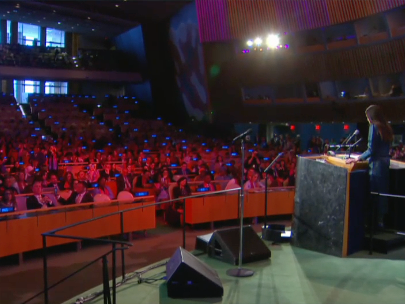 U.N. Women Goodwill Ambassador Anne Hathaway speaks against gender-based violence and for the courage and power of women at U.N. headquarters in New York. 