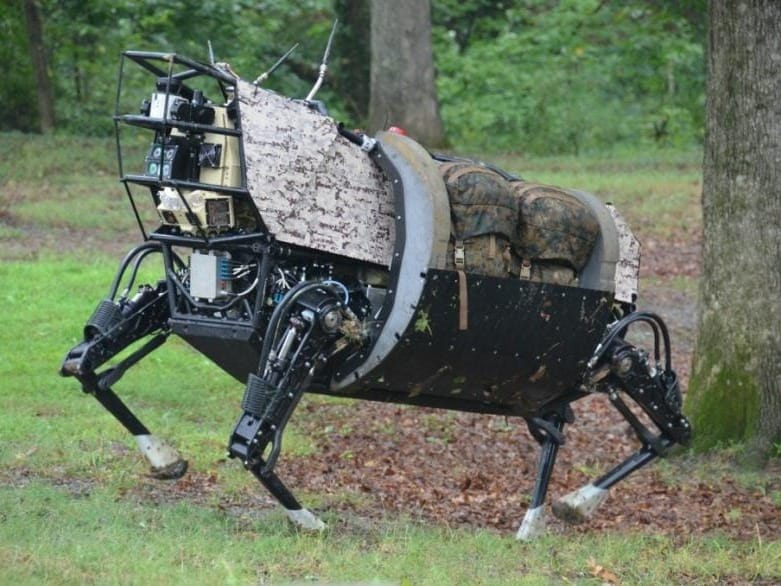 The U.S. military's Legged Squad Support System, a mobile robot known as LS3, is meant to be saddled with a load and integrated with a squad of Marines or soldiers.