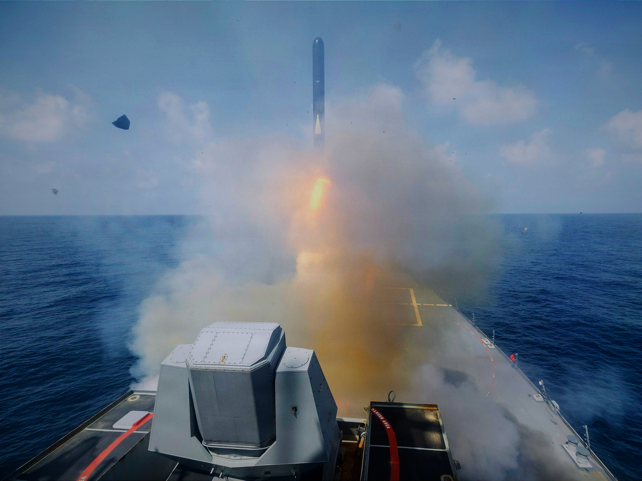 The USS Spruance destroyer fires a Tomahawk missile on Feb. 28, 2026, the first day of the joint military strikes launched by the United States and Israel against Iran.