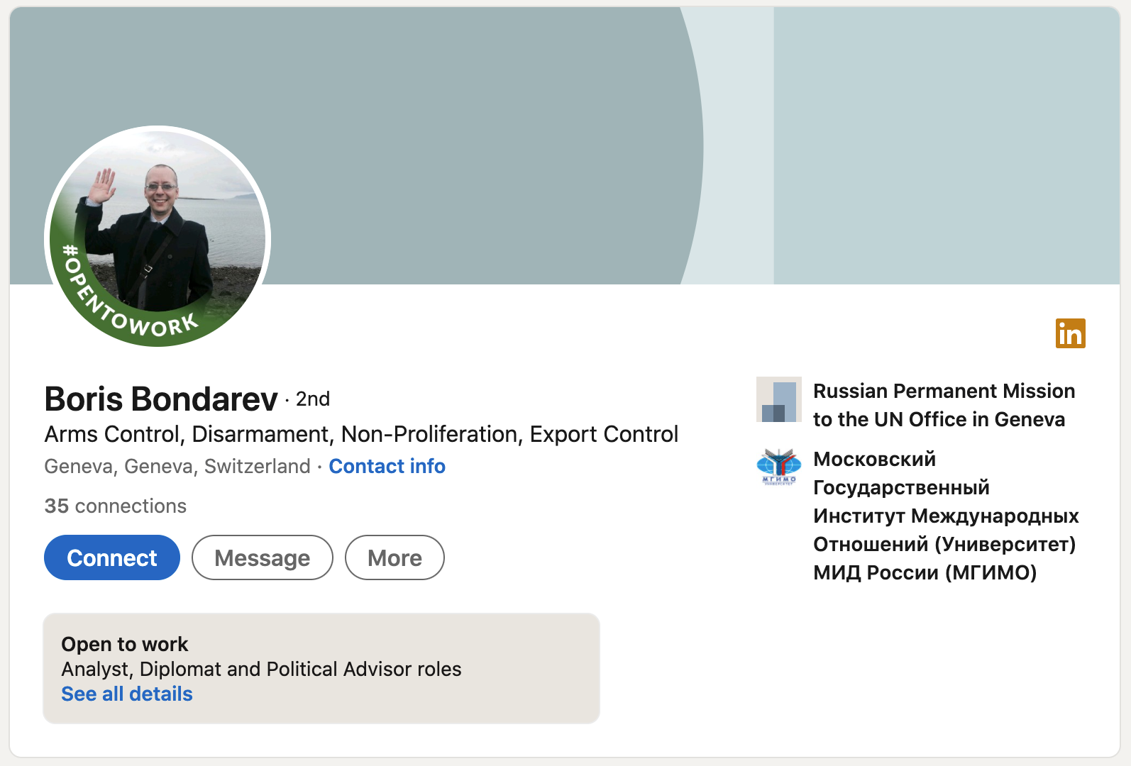 A screenshot of Russian diplomat Boris Bondarev's LinkedIn profile showing he is now "#opentowork"
